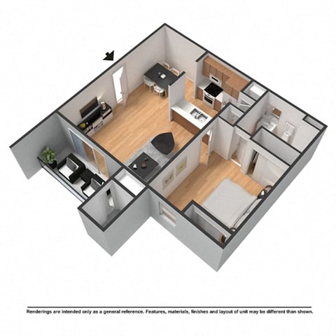 a 3d floor plan of a small apartment